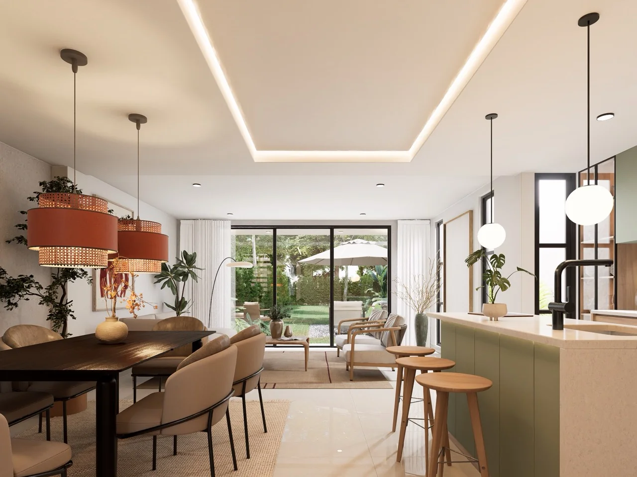 Comedor Garden Houses abierto al jardín