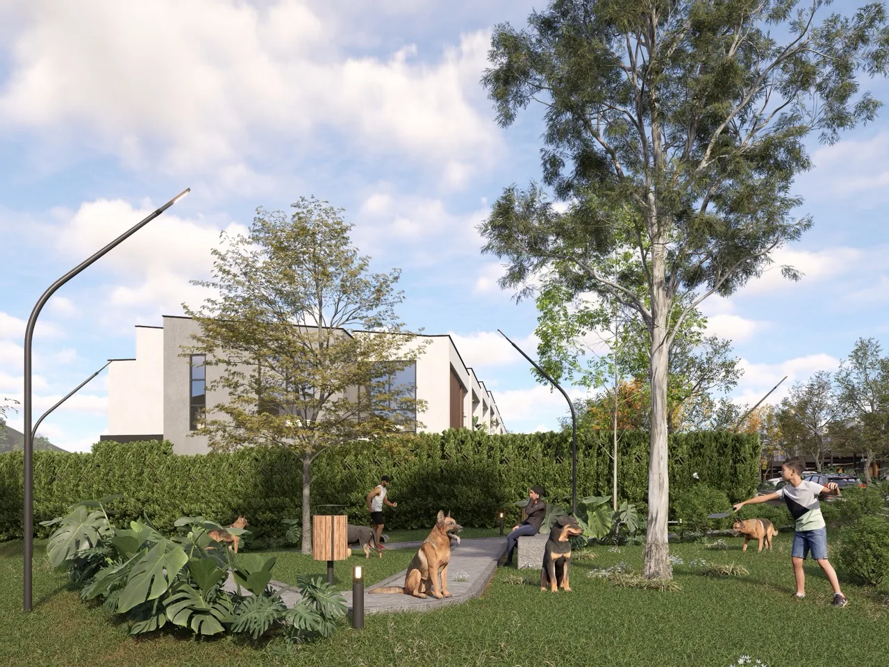 Render exterior al atardecer